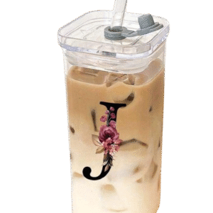 Personalized Square Glass with lid and straw