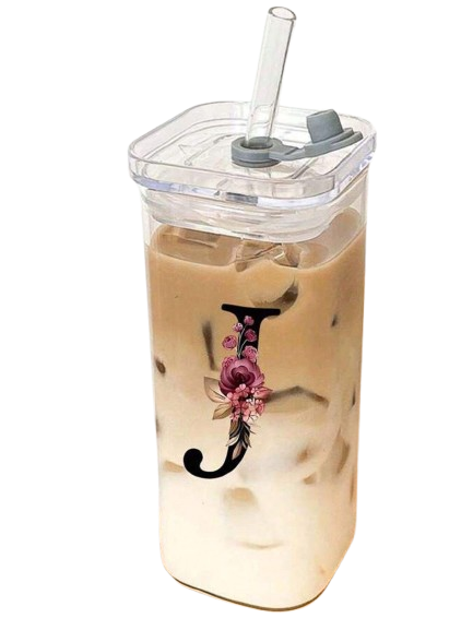 Personalized Square Glass with lid and straw