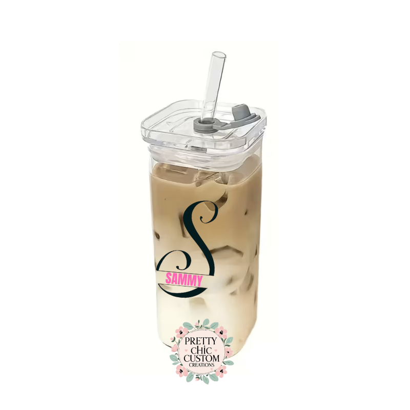 Personalized Square Glass with lid and straw